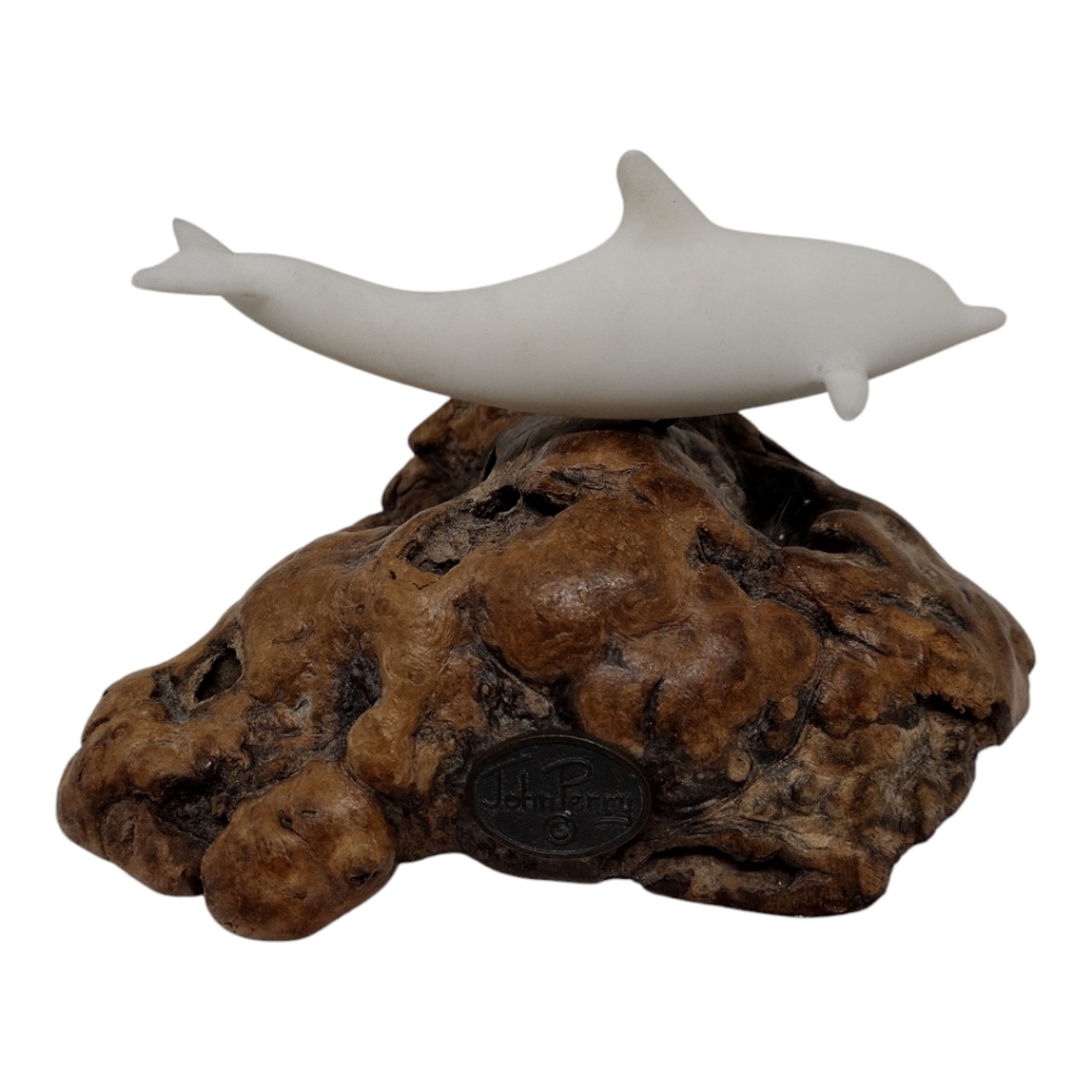 Vintage John Perry Pellucida Dolphin‎ Sculpture on Burlwood Base